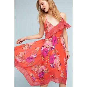 Anthropologie Maeve Dress Red Grecia Ruffle Floral V Neck Flowy Boho Size 6